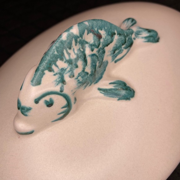 Terra Cotta Ceramic Painted Dish with Koi Fish on Lid - Picture 7 of 14